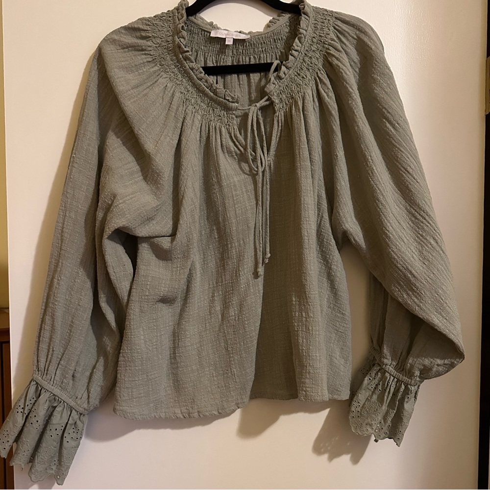 Green Linen Like Eyelet Ruffle Set - Picture 2 of 5